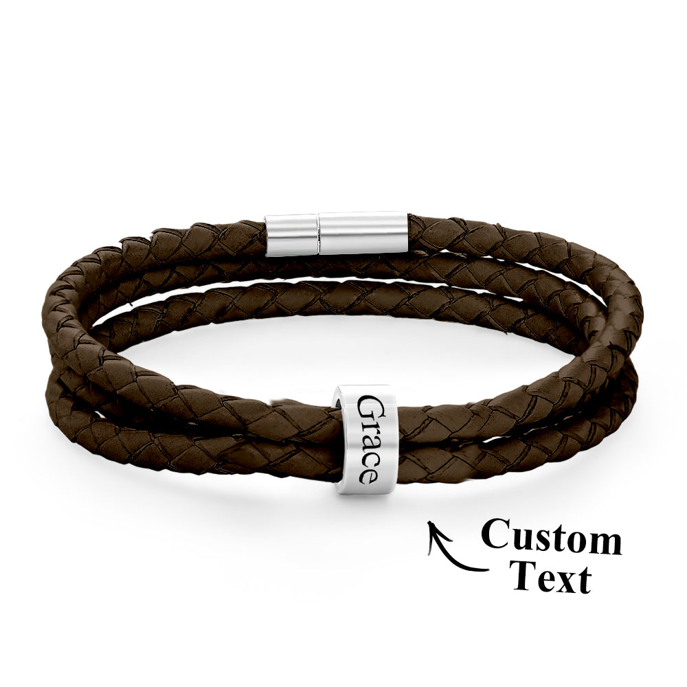 Men Braided Leather Bracelet with Small Custom Beads