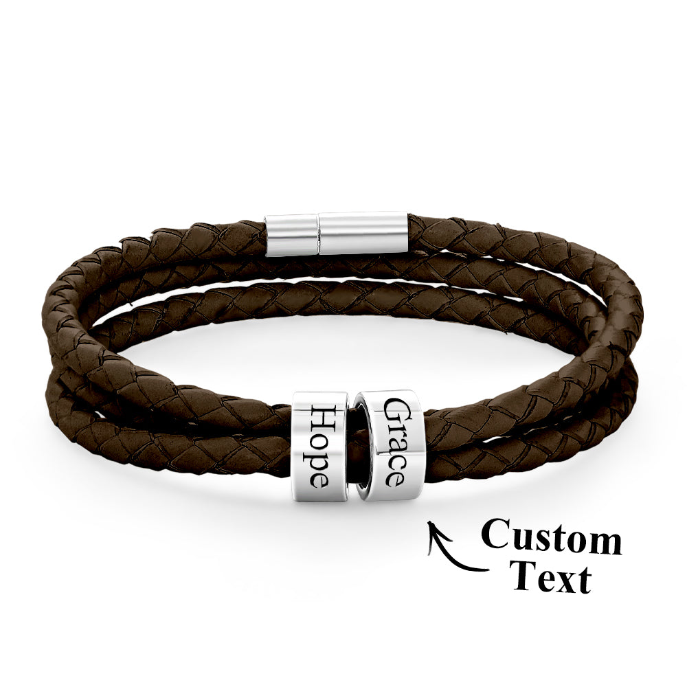 Men Braided Leather Bracelet with Small Custom Beads