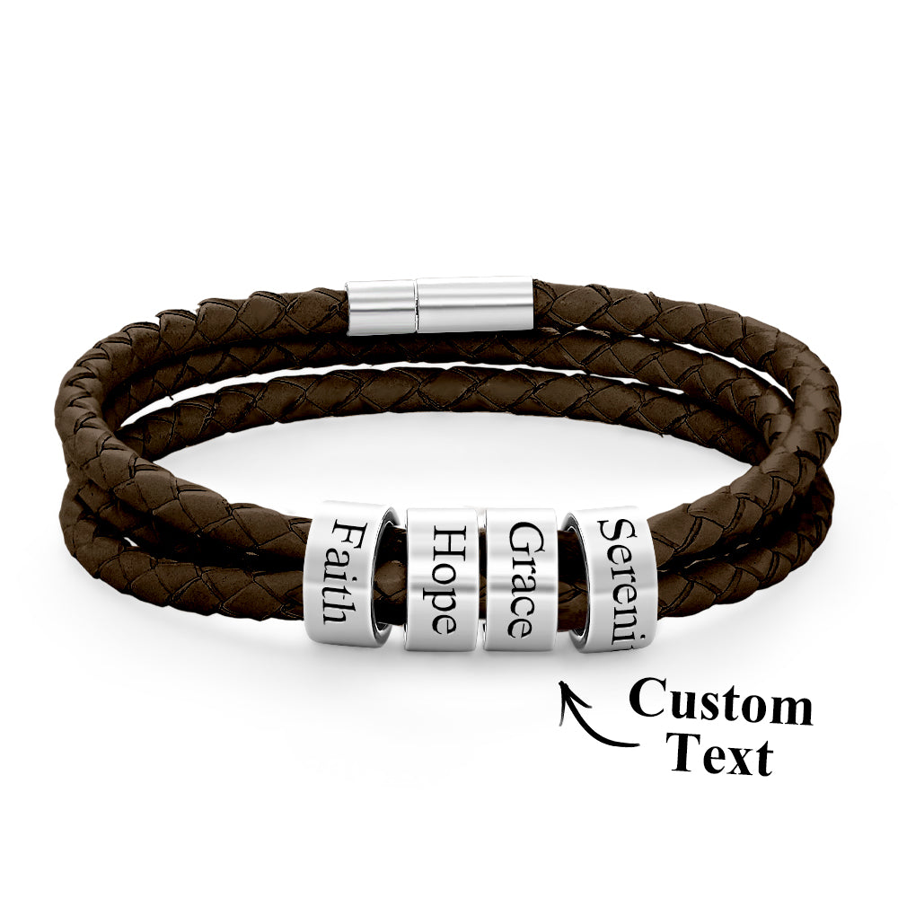 Men Braided Leather Bracelet with Small Custom Beads