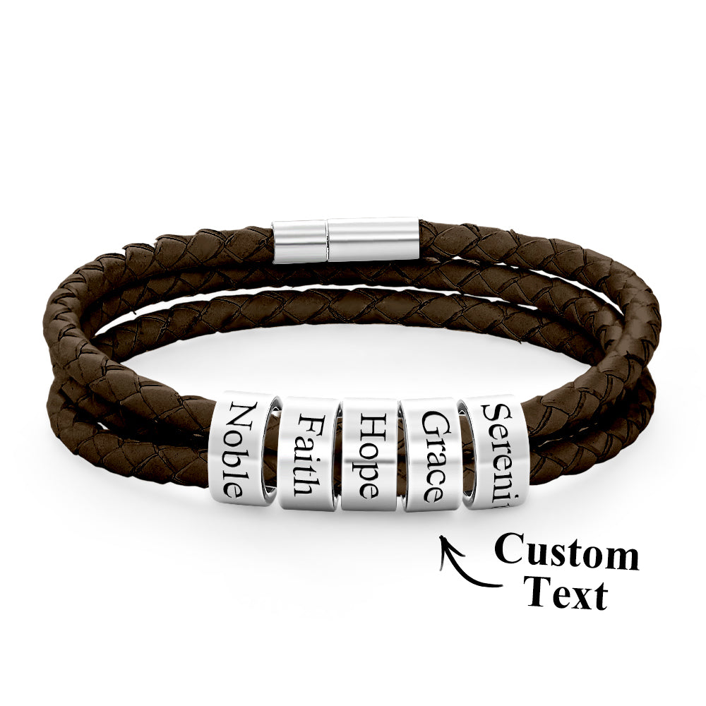 Men Braided Leather Bracelet with Small Custom Beads