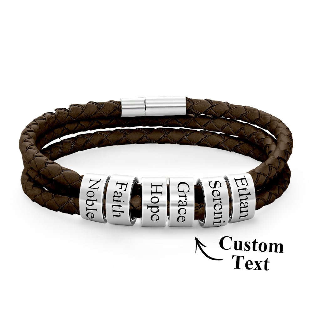 Men Braided Leather Bracelet with Small Custom Beads