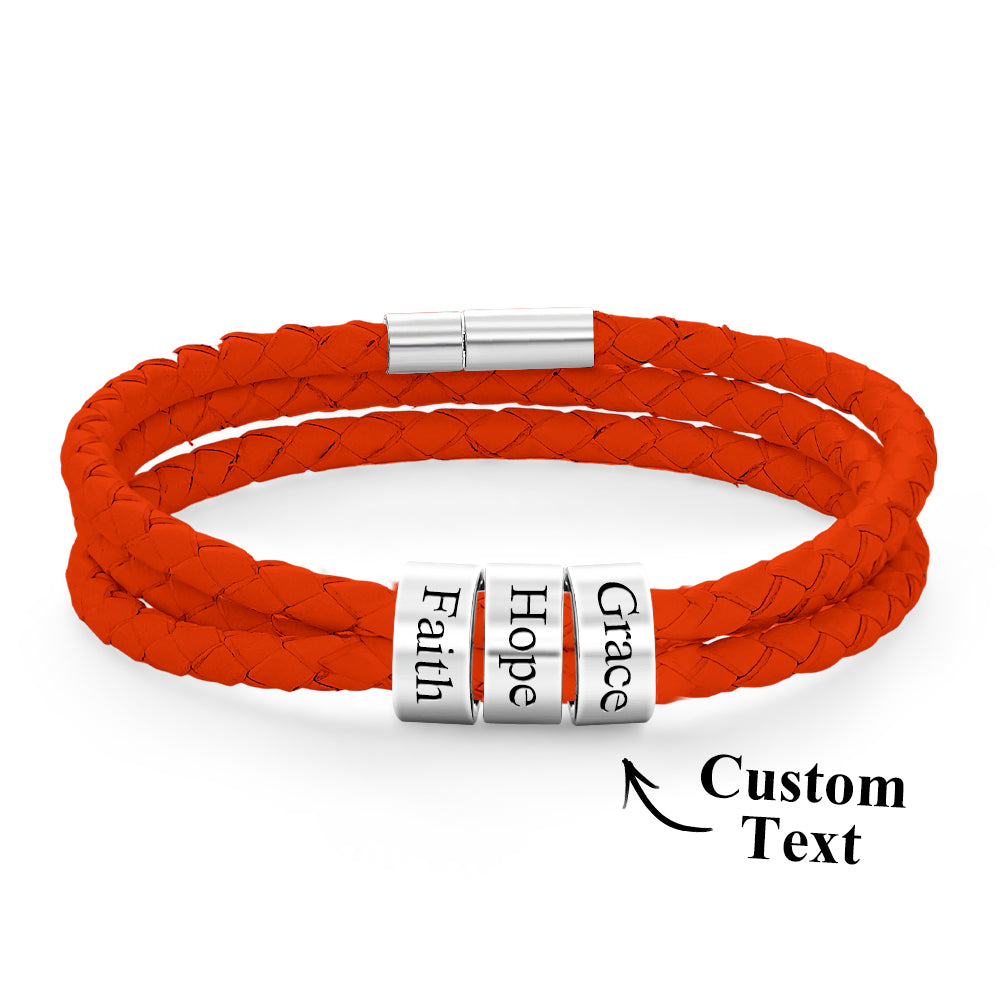 Men Braided Leather Bracelet with Small Custom Beads