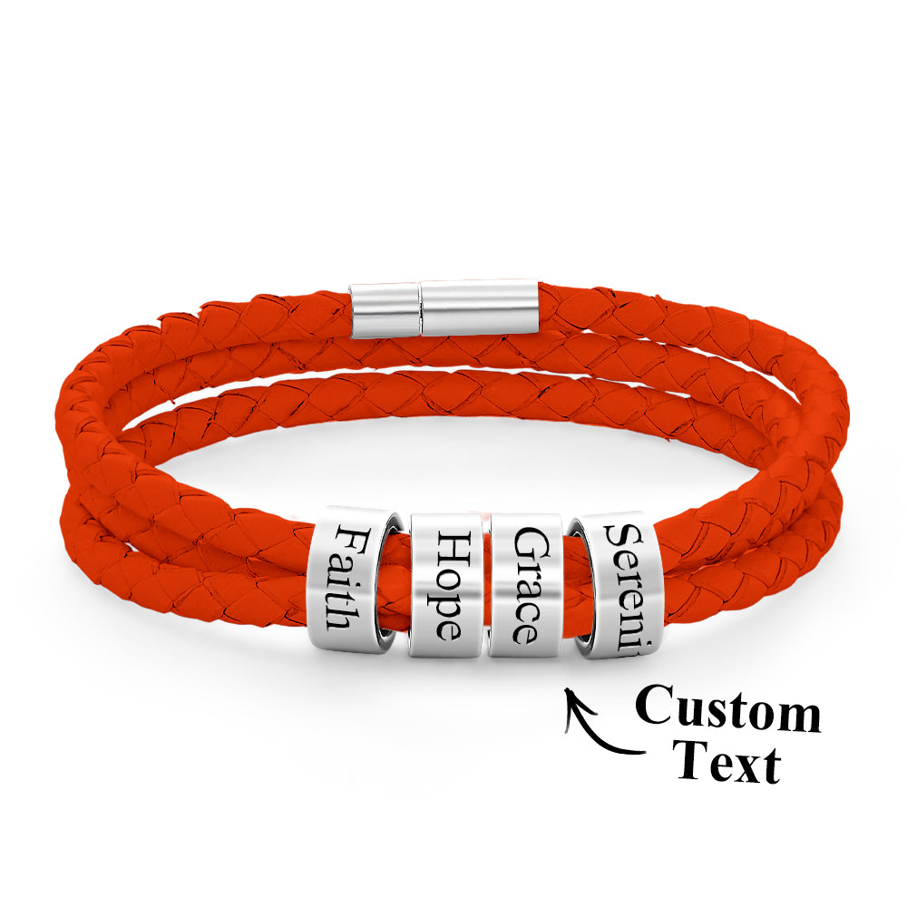 Men Braided Leather Bracelet with Small Custom Beads