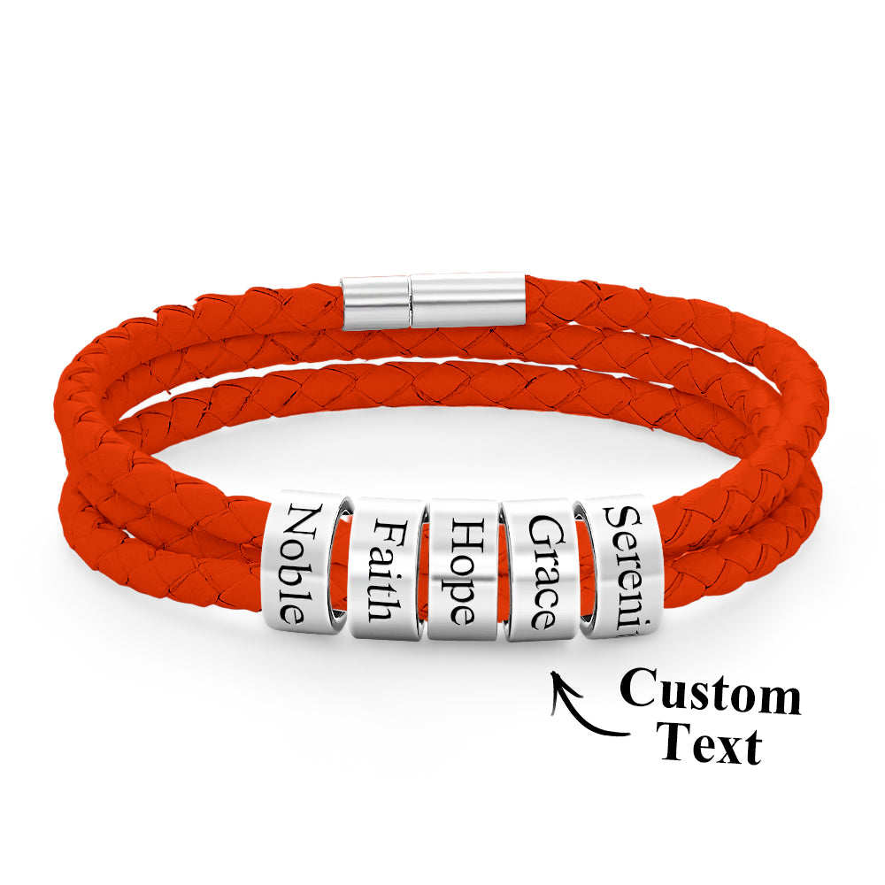 Men Braided Leather Bracelet with Small Custom Beads