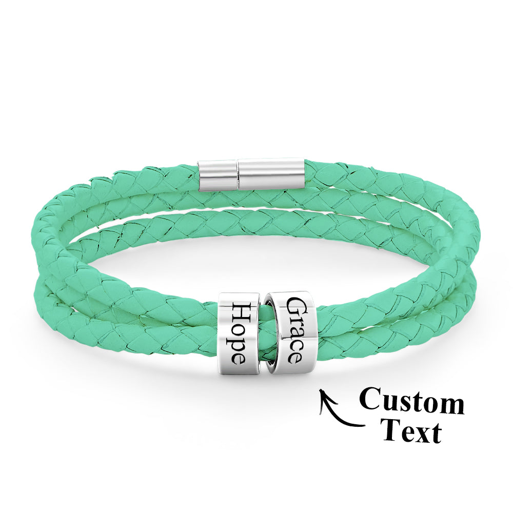 Men Braided Leather Bracelet with Small Custom Beads