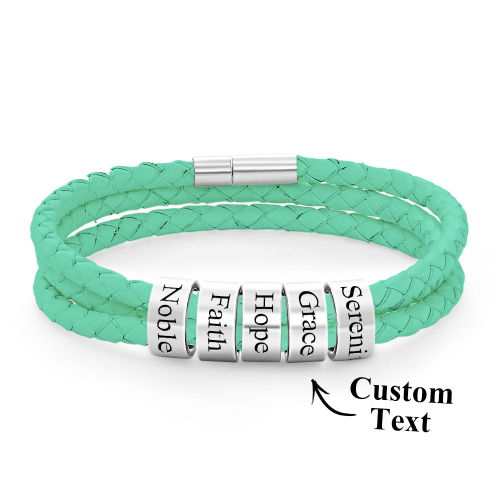 Men Braided Leather Bracelet with Small Custom Beads
