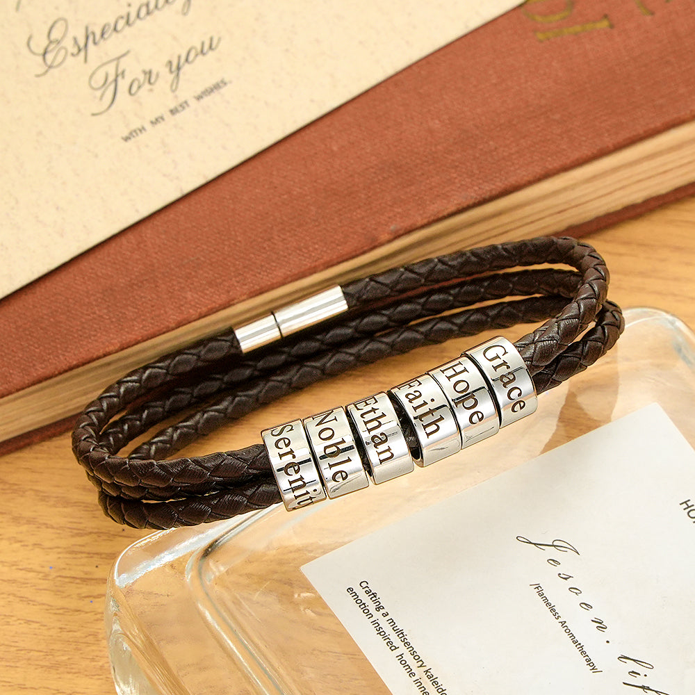 Men Braided Leather Bracelet with Small Custom Beads