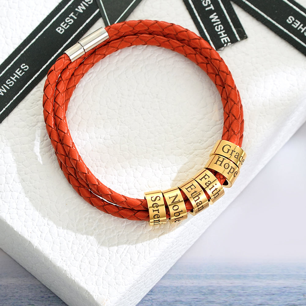 Men Braided Leather Bracelet with Small Custom Beads