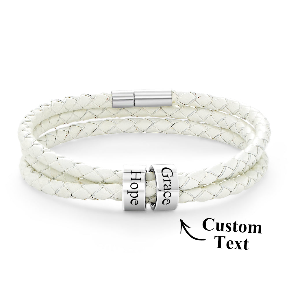 Men Braided Leather Bracelet with Small Custom Beads