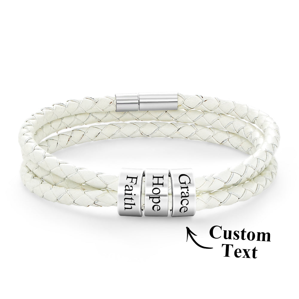 Men Braided Leather Bracelet with Small Custom Beads