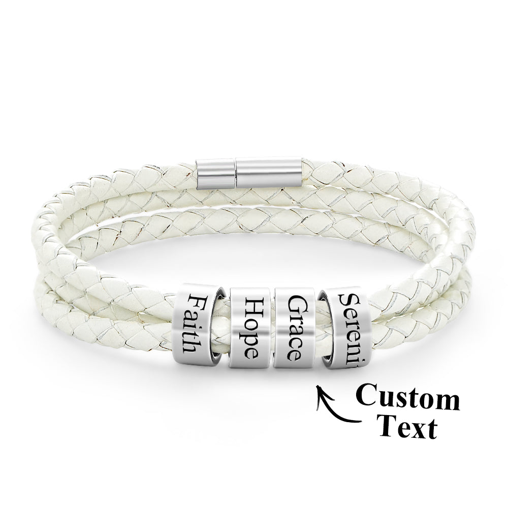 Men Braided Leather Bracelet with Small Custom Beads