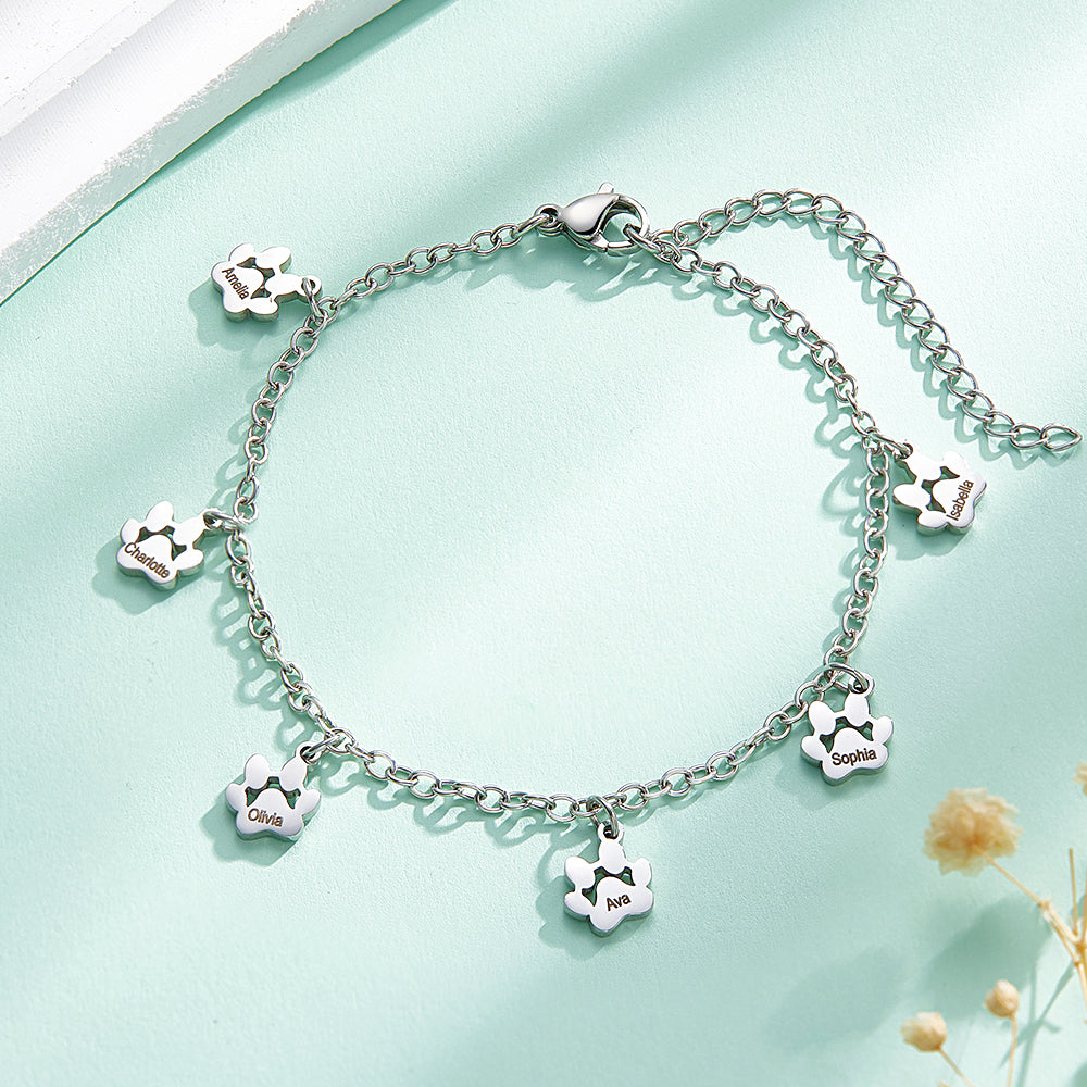Custom Name Paw Print Bracelets 1-6 Names Dog Paw Bracelets Minimalist Cat Paw Bracelets for Pet Lover