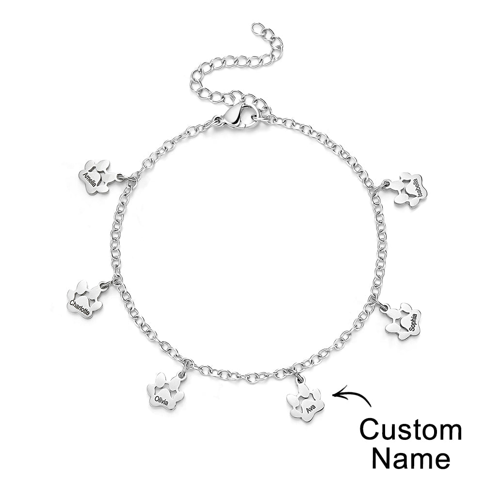 Custom Name Paw Print Bracelets 1-6 Names Dog Paw Bracelets Minimalist Cat Paw Bracelets for Pet Lover