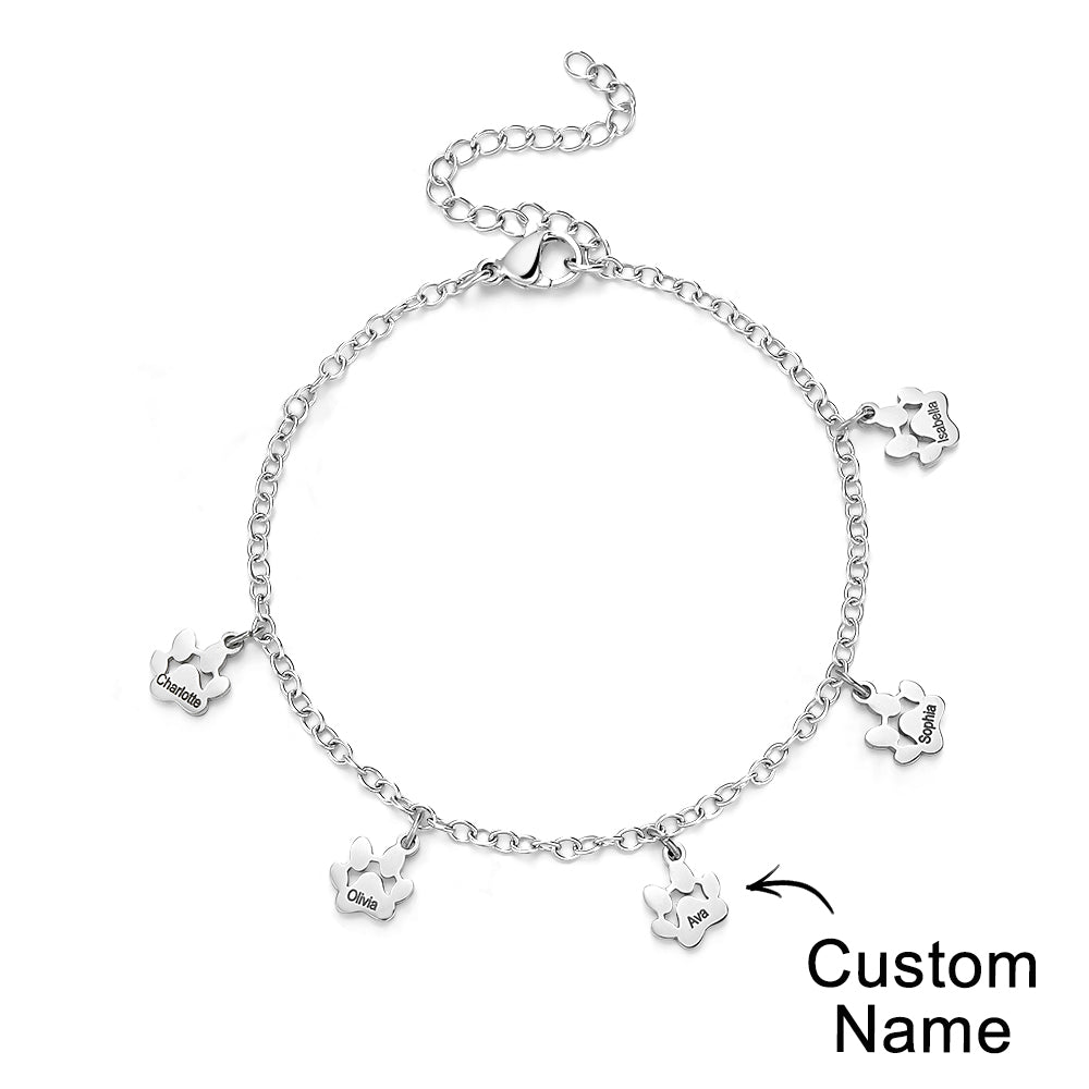 Custom Name Paw Print Bracelets 1-6 Names Dog Paw Bracelets Minimalist Cat Paw Bracelets for Pet Lover