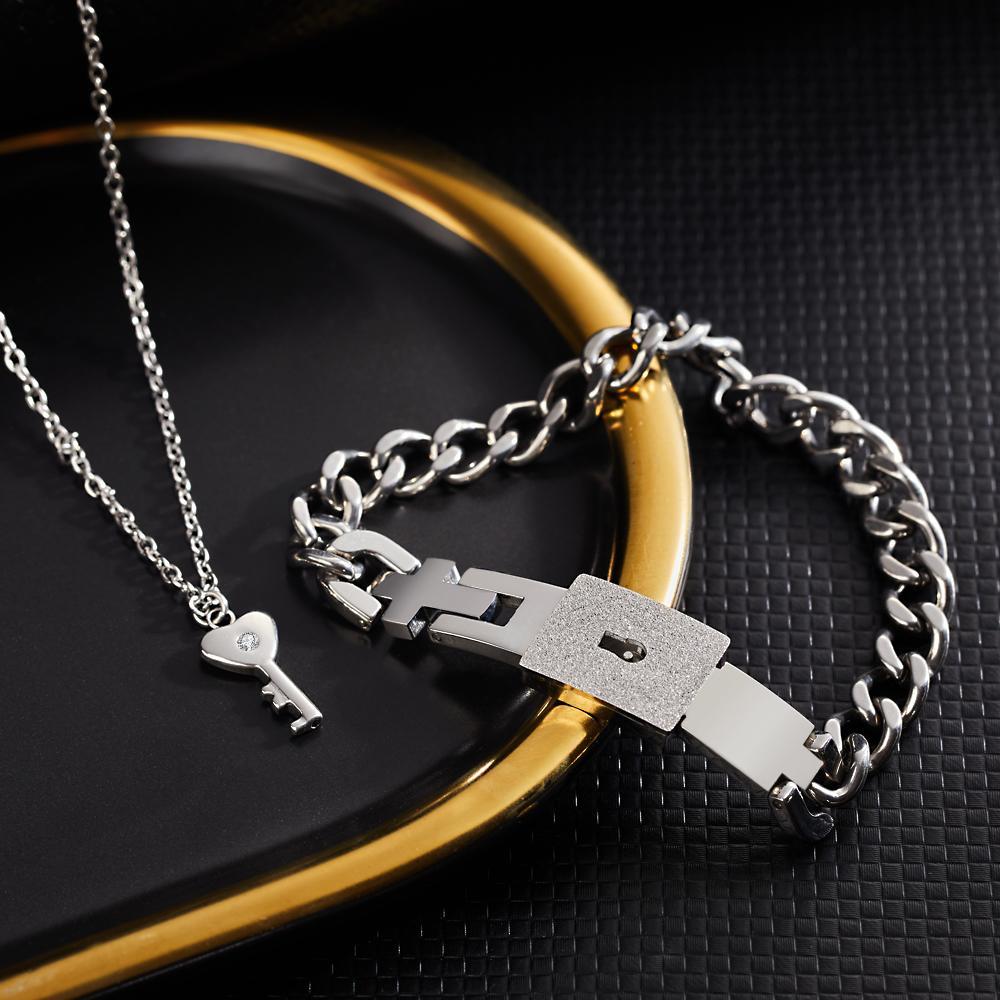 Custom Engraved Lock Bangle Bracelets and Key Pendant Necklace Set for Couples