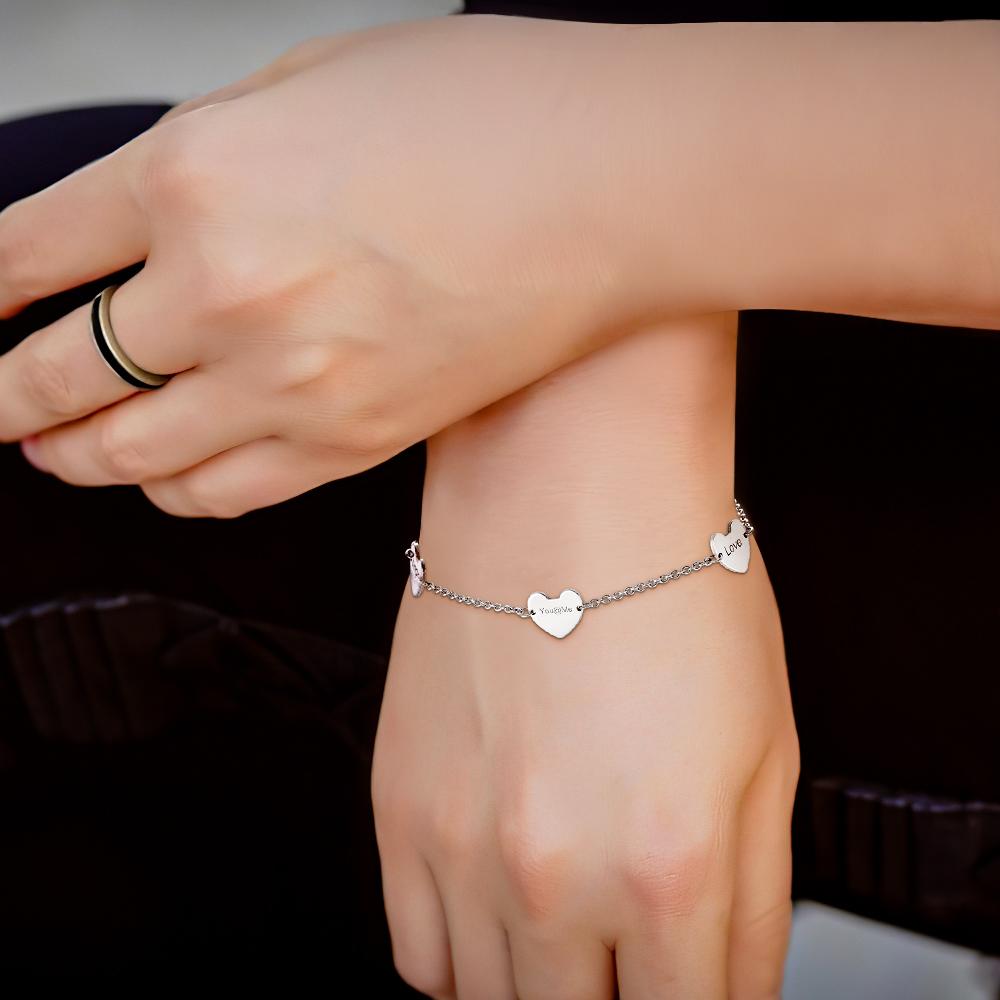 Engraved Three Hearts Bracelet with Custom Birthstone - Length Adjustable
