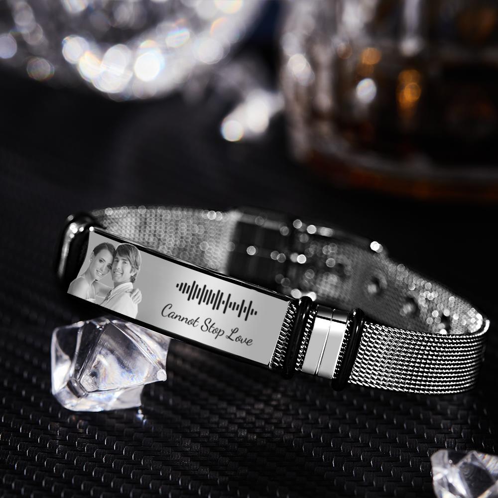 Customized Optional Photo Engraved Music Code Stainless Steel Bracelet Best Gifts For Men Gifts For Couples