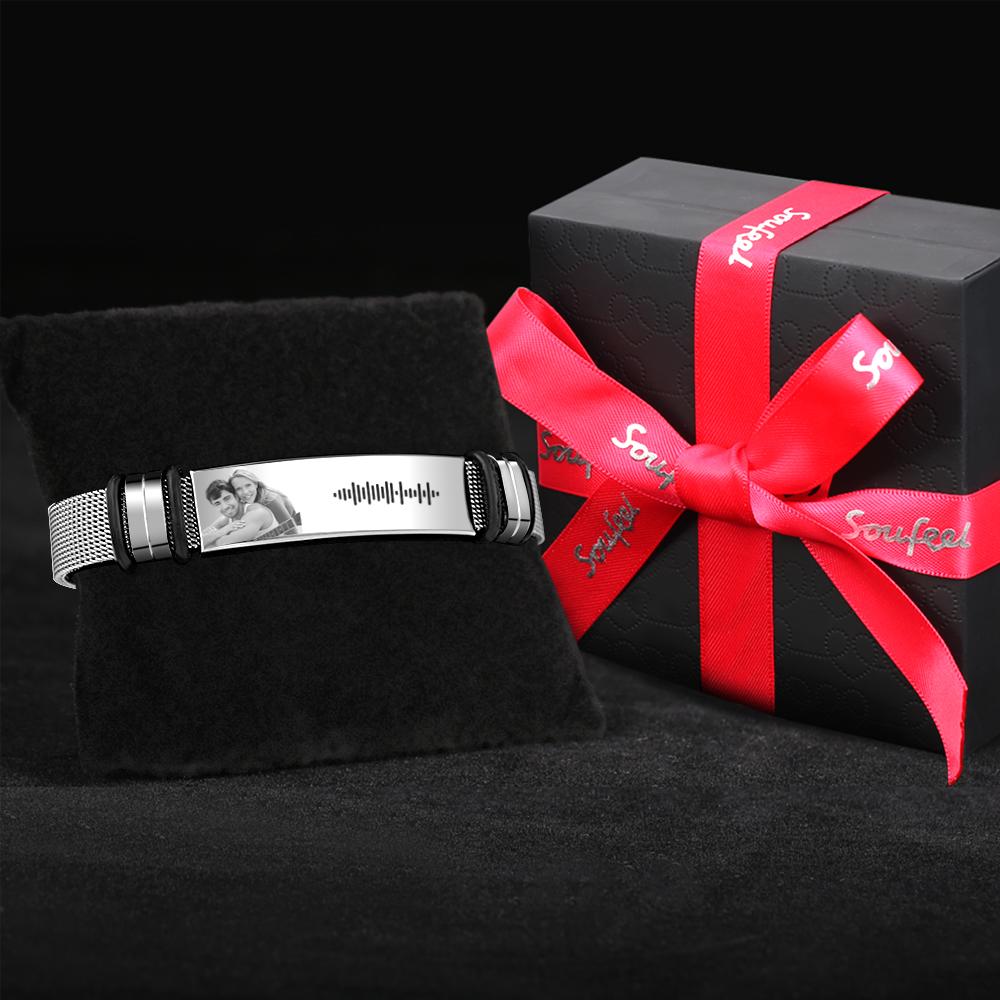 Customized Optional Photo Engraved Music Code Stainless Steel Bracelet Best Gifts For Men Gifts For Couples