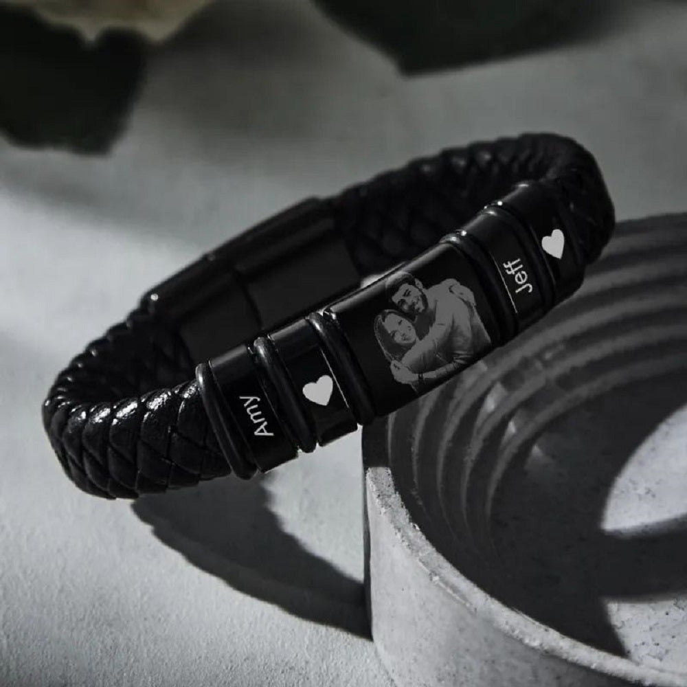 Custom Photo Engraved Bracelet Leather Bracelet Men's Bracelet Gifts for Him