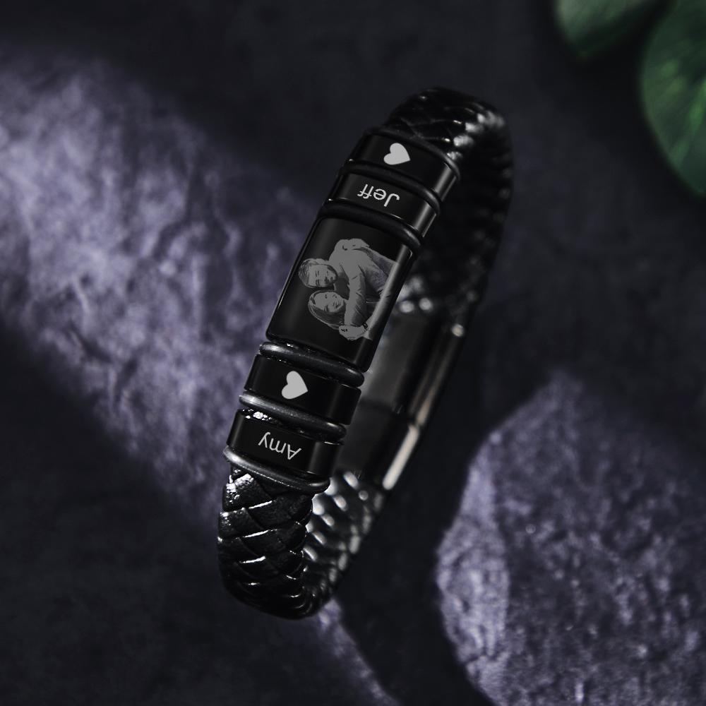 Custom Photo Engraved Bracelet Personalized Leather Men's Bracelet Anniversary Gift