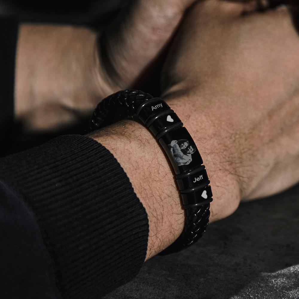 Custom Photo Engraved Bracelet Personalized Leather Men's Bracelet Anniversary Gift