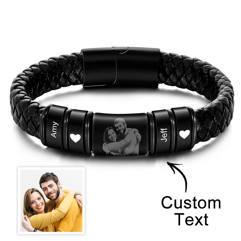Custom Photo Engraved Bracelet Personalized Leather Men's Bracelet Anniversary Gift