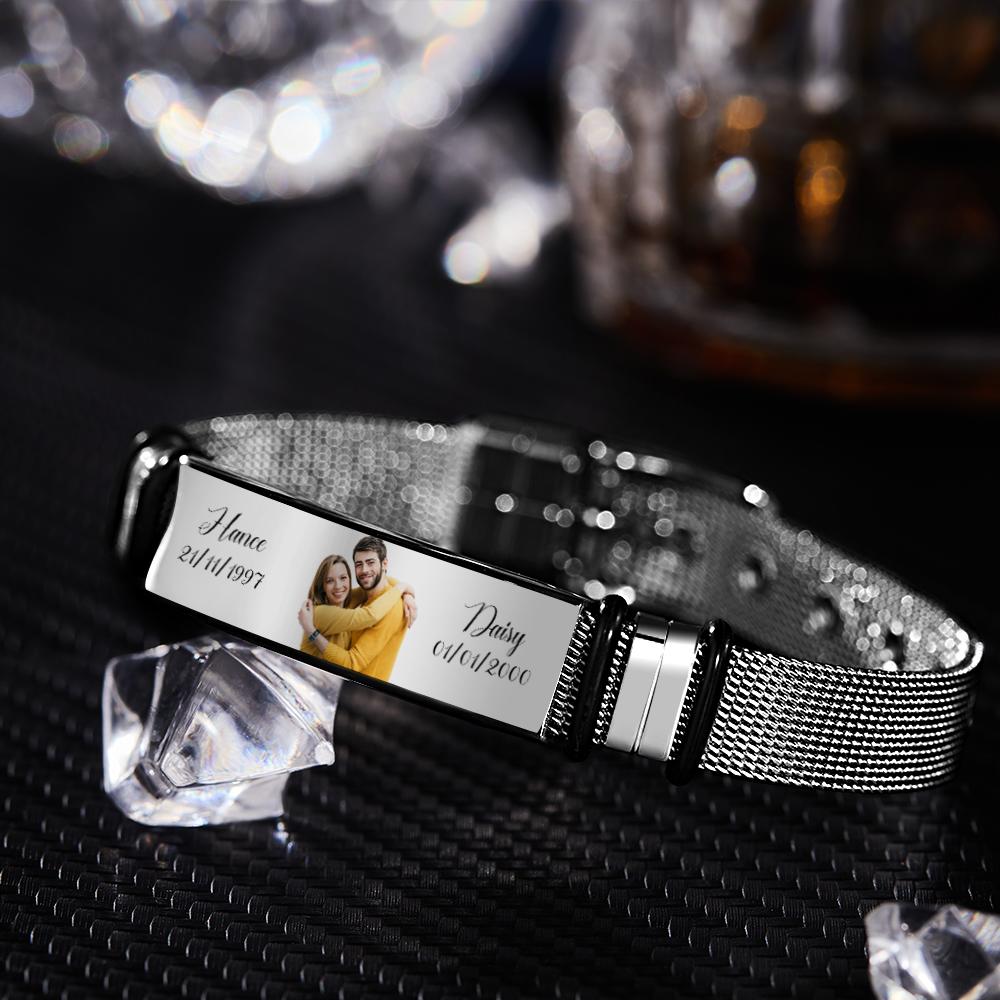 Custom Stainless Steel Mens Bracelet With Two Custom Date And Name Photo Engraved Black Filter Best Gifts For Couples