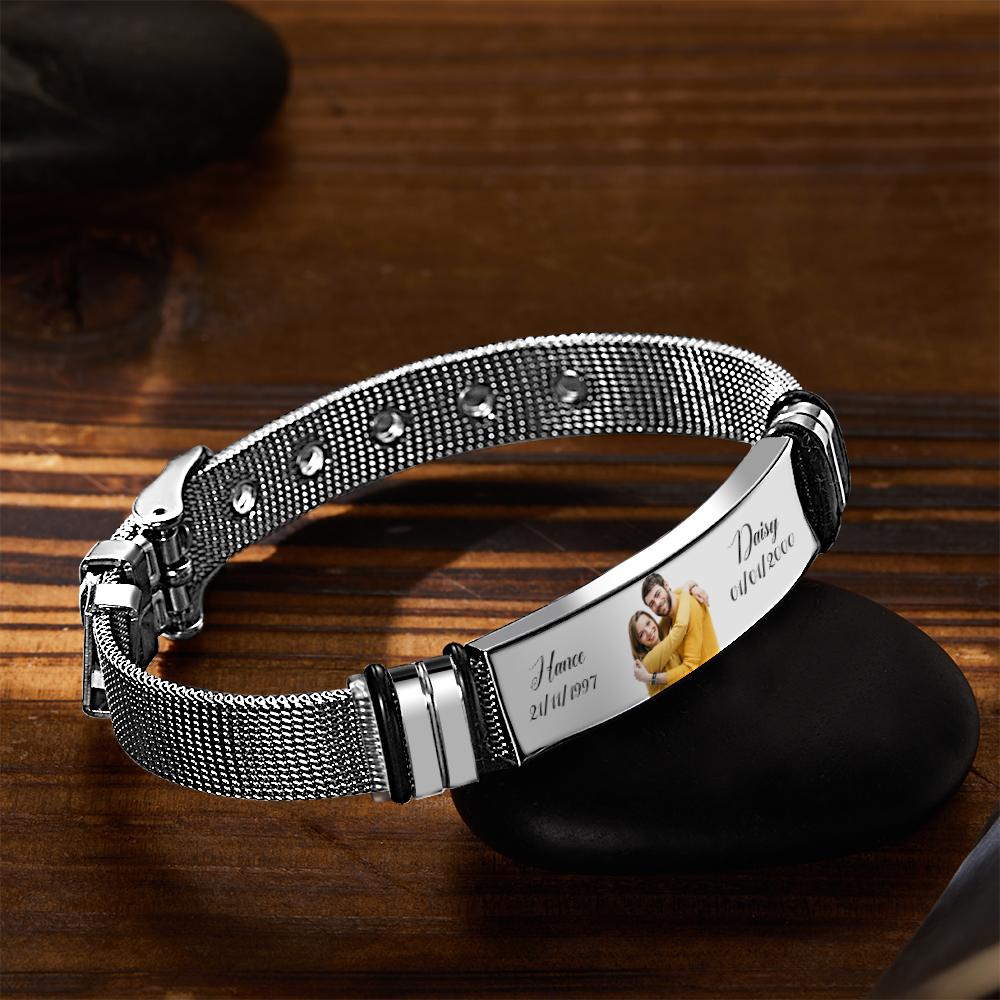 Custom Stainless Steel Mens Bracelet With Two Custom Date And Name Photo Engraved Black Filter Best Gifts For Couples