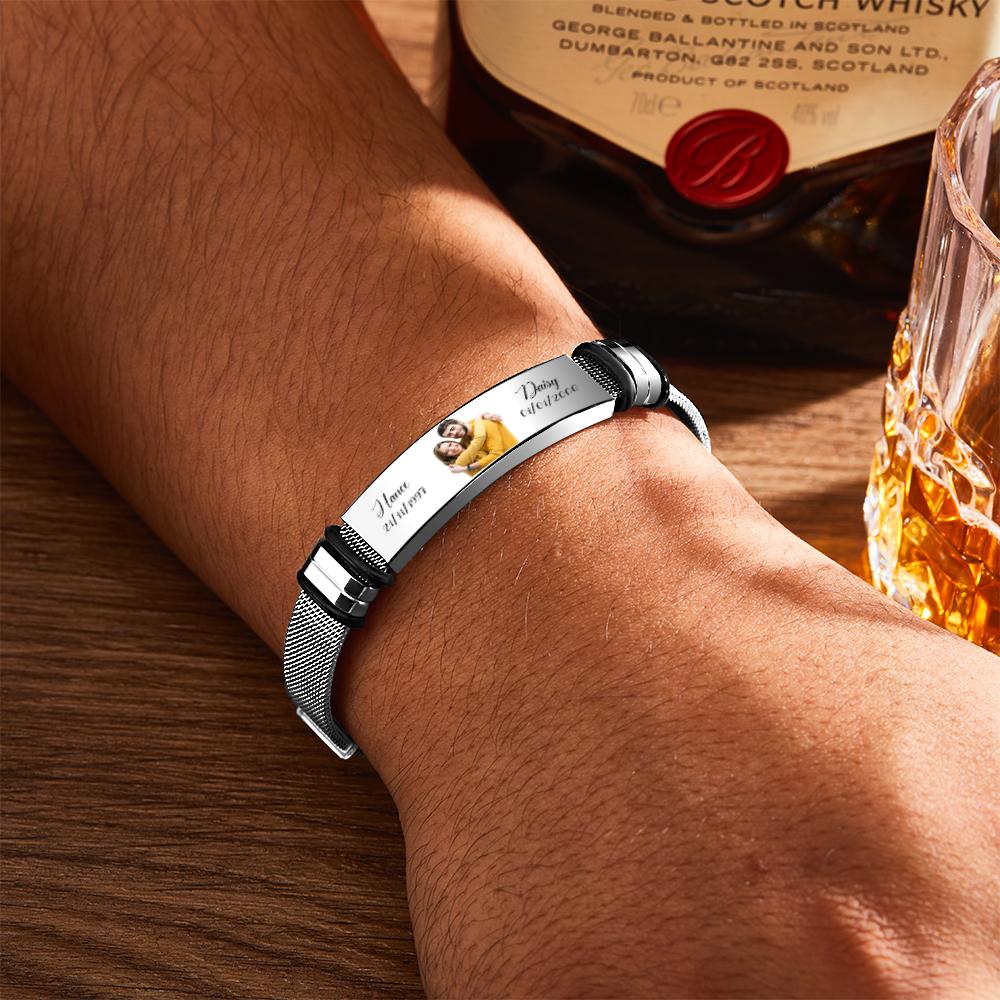 Custom Stainless Steel Mens Bracelet With Two Custom Date And Name Photo Engraved Black Filter Best Gifts For Couples