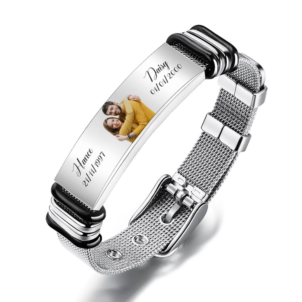 Custom Stainless Steel Mens Bracelet With Two Custom Date And Name Photo Engraved Black Filter Best Gifts For Couples
