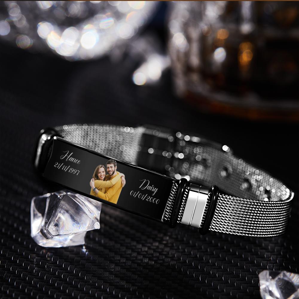 Custom Stainless Steel Mens Bracelet With Two Custom Date And Name Photo Engraved Black Filter Best Gifts For Couples