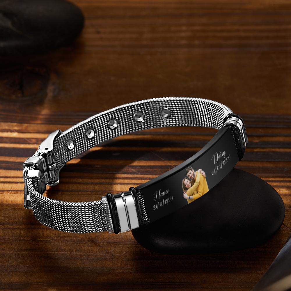 Custom Stainless Steel Mens Bracelet With Two Custom Date And Name Photo Engraved Black Filter Best Gifts For Couples