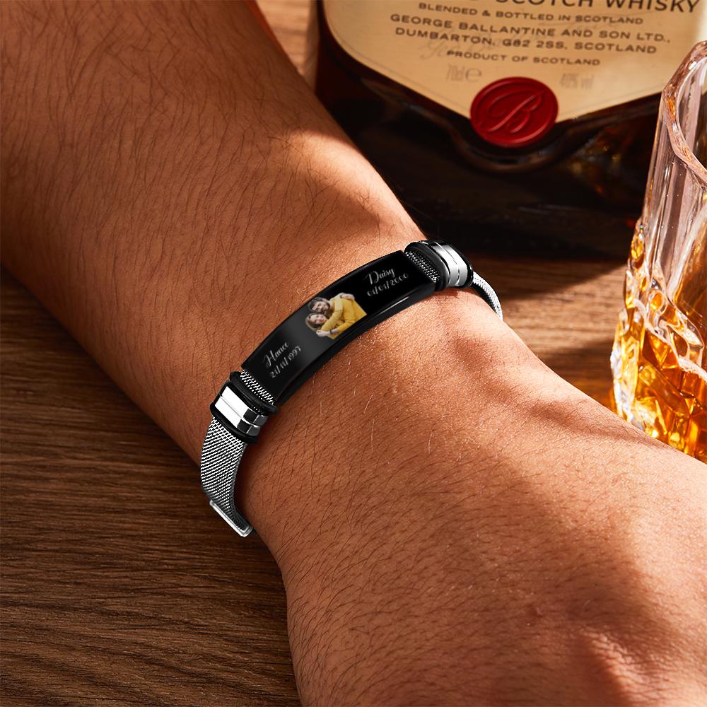 Custom Stainless Steel Mens Bracelet With Two Custom Date And Name Photo Engraved Black Filter Best Gifts For Couples