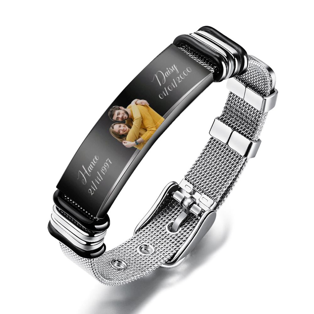 Custom Stainless Steel Mens Bracelet With Two Custom Date And Name Photo Engraved Black Filter Best Gifts For Couples