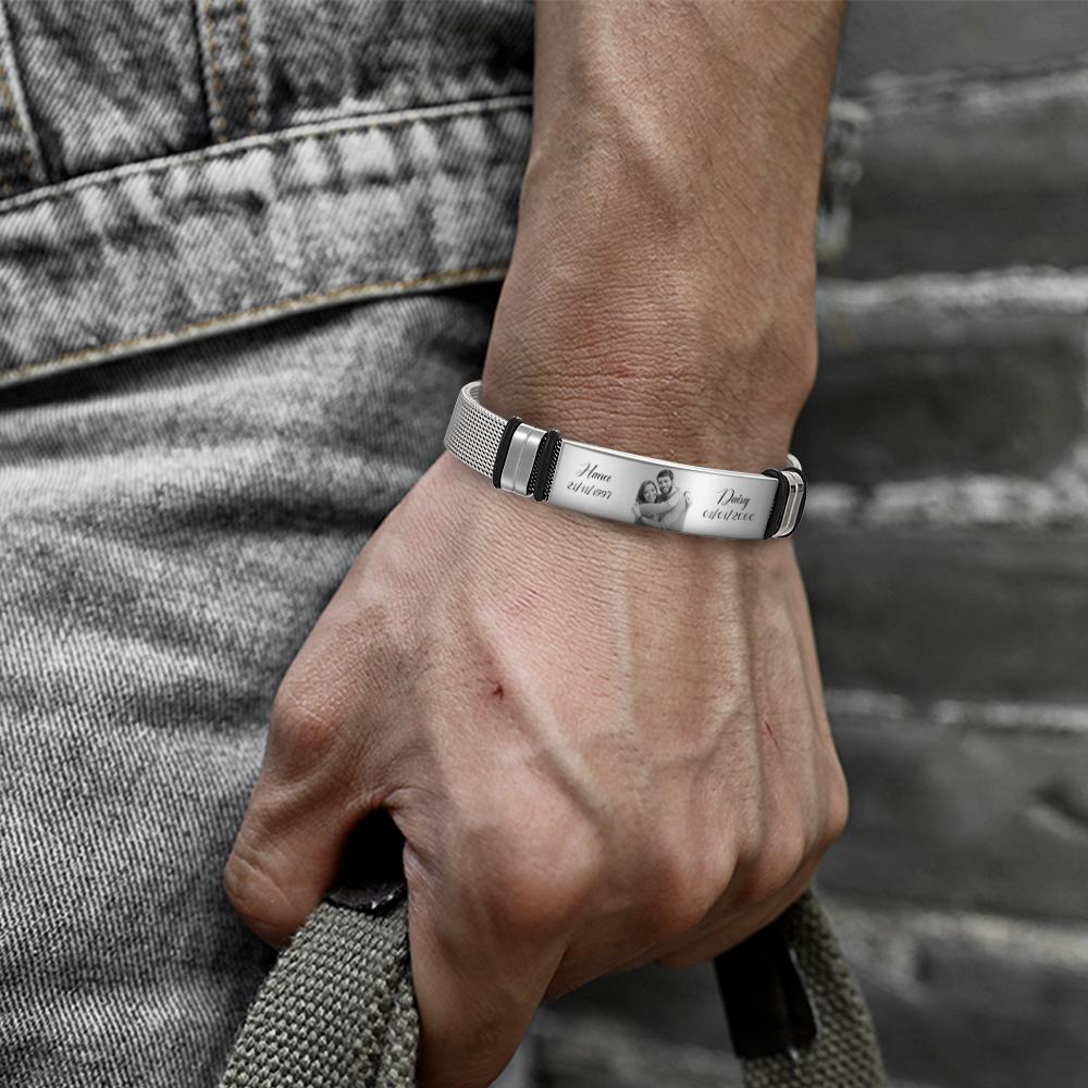 Custom Stainless Steel Mens Bracelet With Two Custom Date And Name Photo Engraved Black Filter Best Gifts For Couples