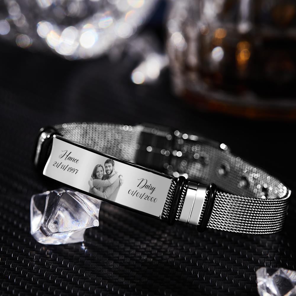 Custom Stainless Steel Mens Bracelet With Two Custom Date And Name Photo Engraved Black Filter Best Gifts For Couples