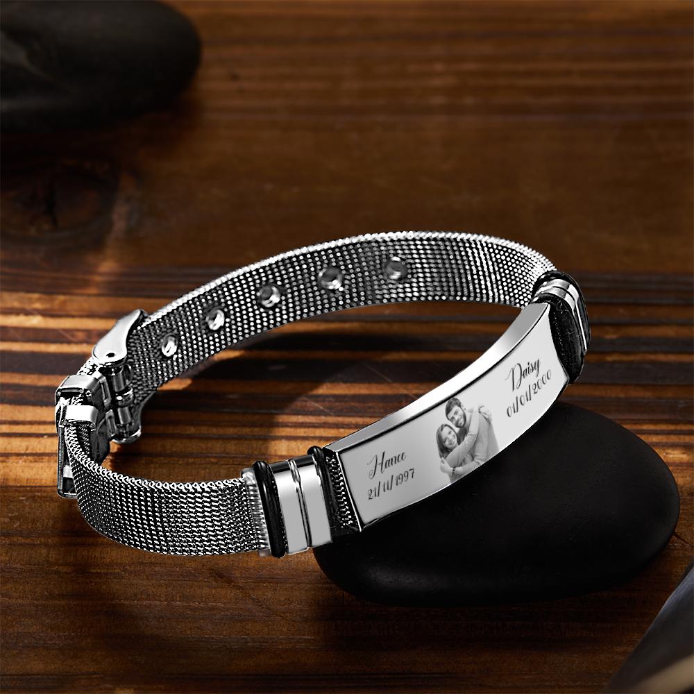 Custom Stainless Steel Mens Bracelet With Two Custom Date And Name Photo Engraved Black Filter Best Gifts For Couples