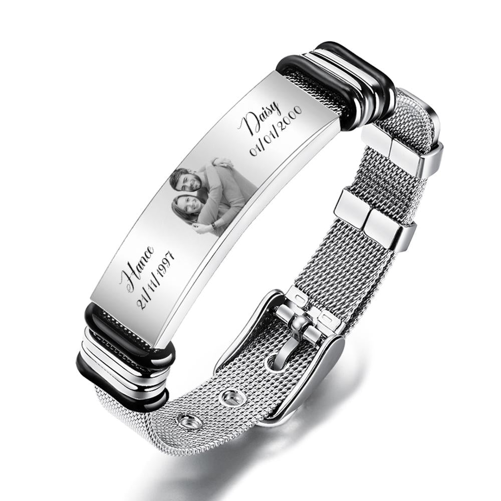 Custom Stainless Steel Mens Bracelet With Two Custom Date And Name Photo Engraved Black Filter Best Gifts For Couples