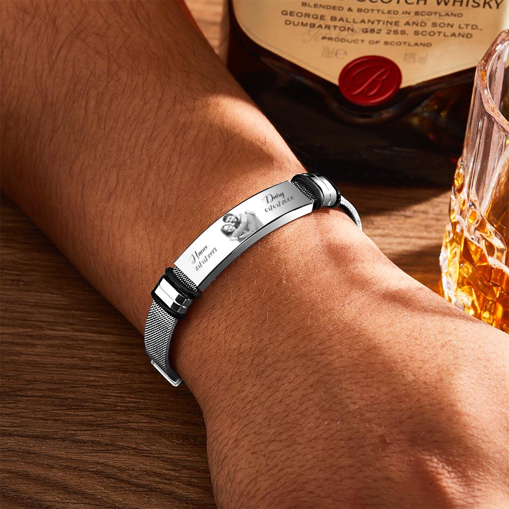Custom Stainless Steel Mens Bracelet With Two Custom Date And Name Photo Engraved Black Filter Best Gifts For Couples