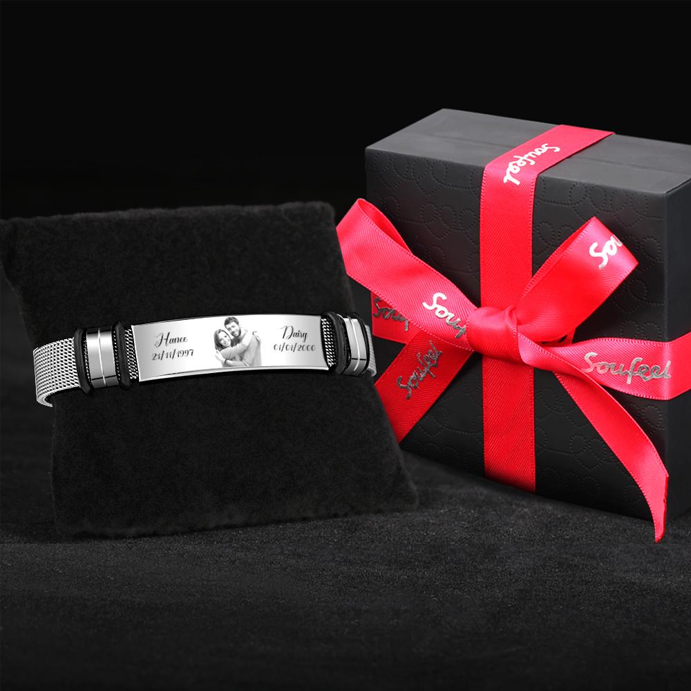 Custom Stainless Steel Mens Bracelet With Two Custom Date And Name Photo Engraved Black Filter Best Gifts For Couples
