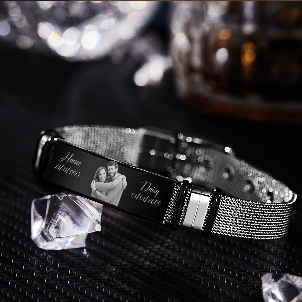 Custom Stainless Steel Mens Bracelet With Two Custom Date And Name Photo Engraved Black Filter Best Gifts For Couples