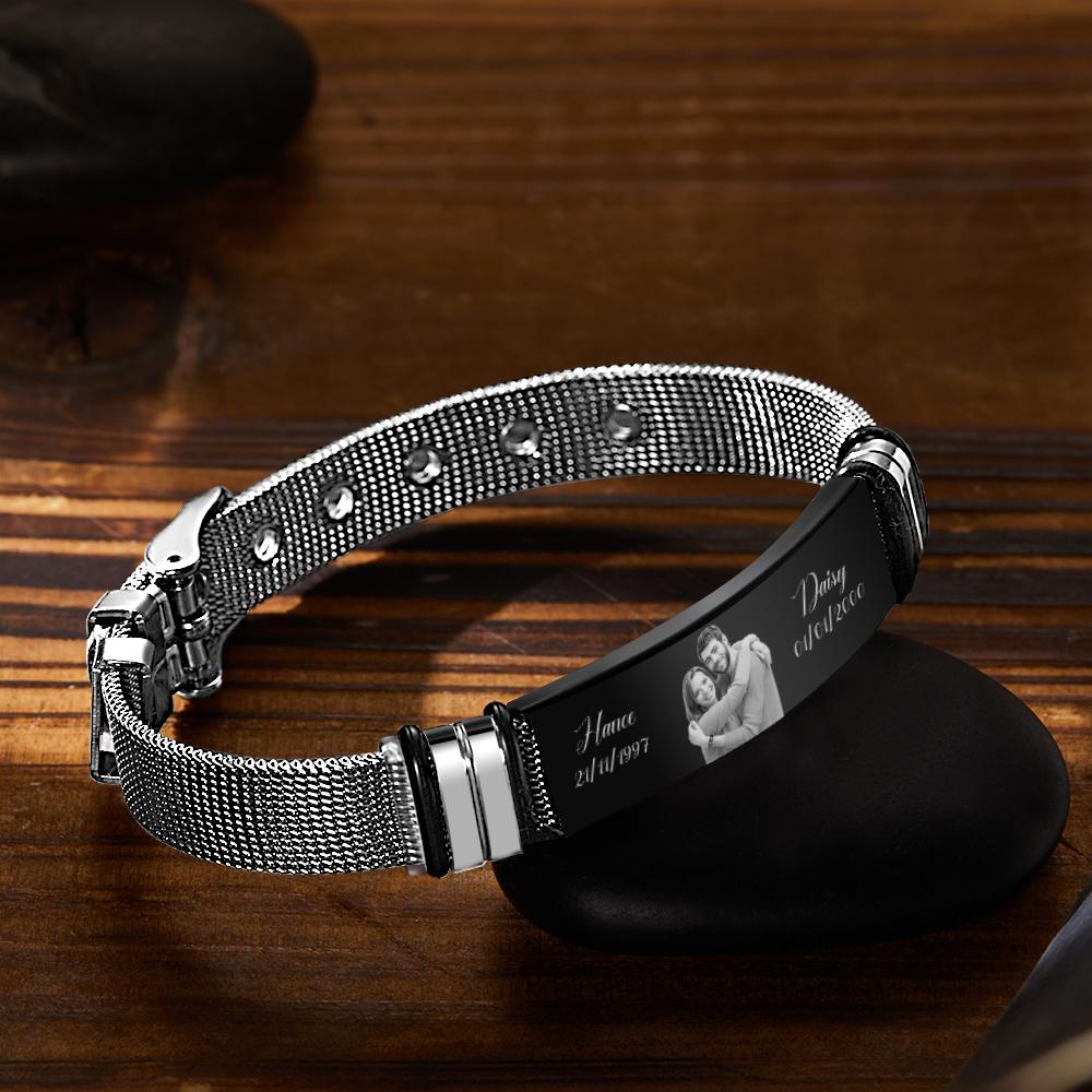 Custom Stainless Steel Mens Bracelet With Two Custom Date And Name Photo Engraved Black Filter Best Gifts For Couples