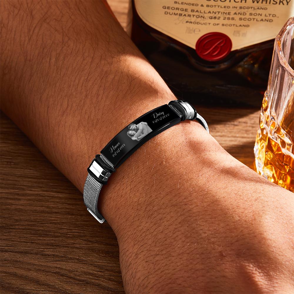 Custom Stainless Steel Mens Bracelet With Two Custom Date And Name Photo Engraved Black Filter Best Gifts For Couples
