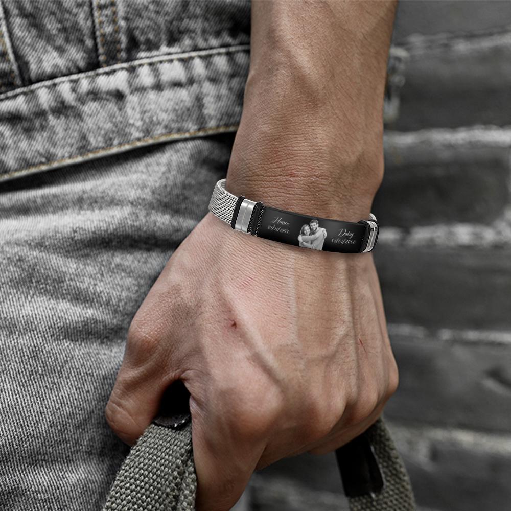 Custom Stainless Steel Mens Bracelet With Two Custom Date And Name Photo Engraved Black Filter Best Gifts For Couples