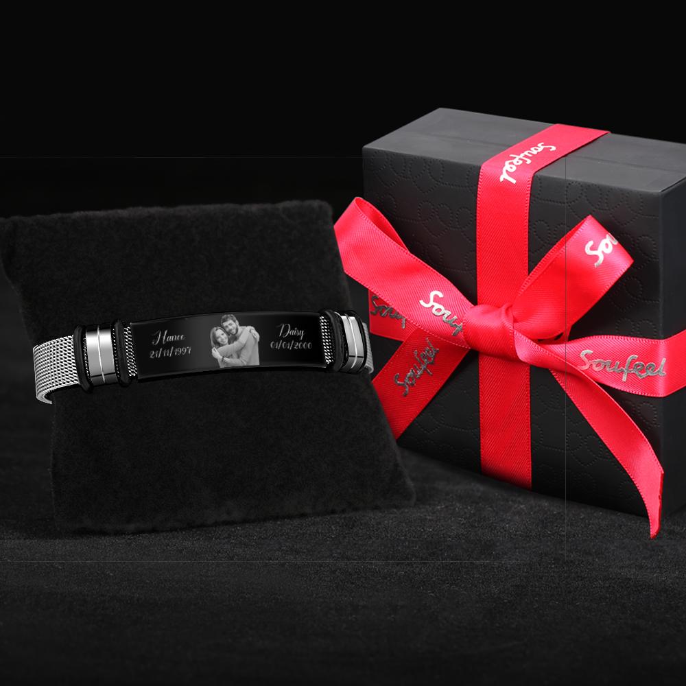 Custom Stainless Steel Mens Bracelet With Two Custom Date And Name Photo Engraved Black Filter Best Gifts For Couples