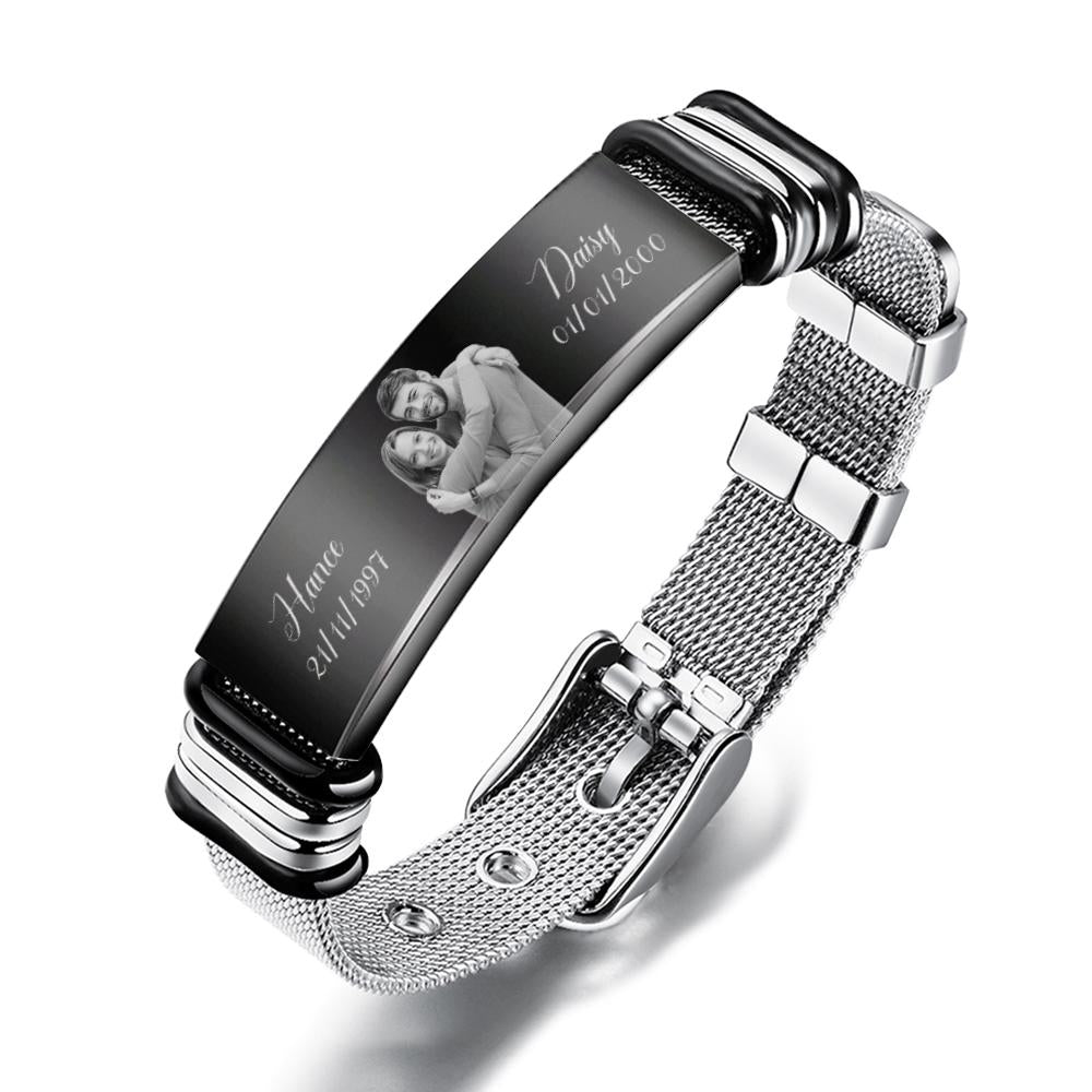 Custom Stainless Steel Mens Bracelet With Two Custom Date And Name Photo Engraved Black Filter Best Gifts For Couples