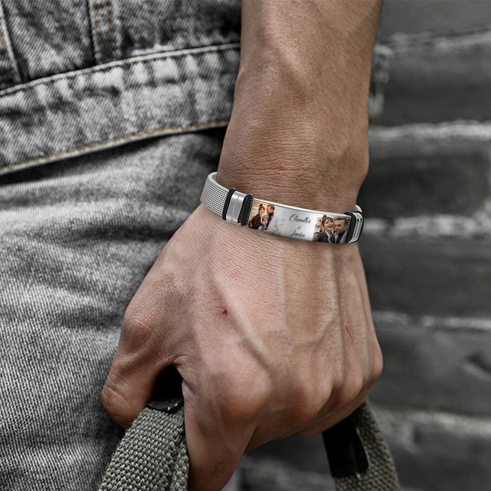 Custom Stainless Steel Mens Bracelet With Two Photo And Engraved Words Best Gifts For Lovers On Valentine's Day