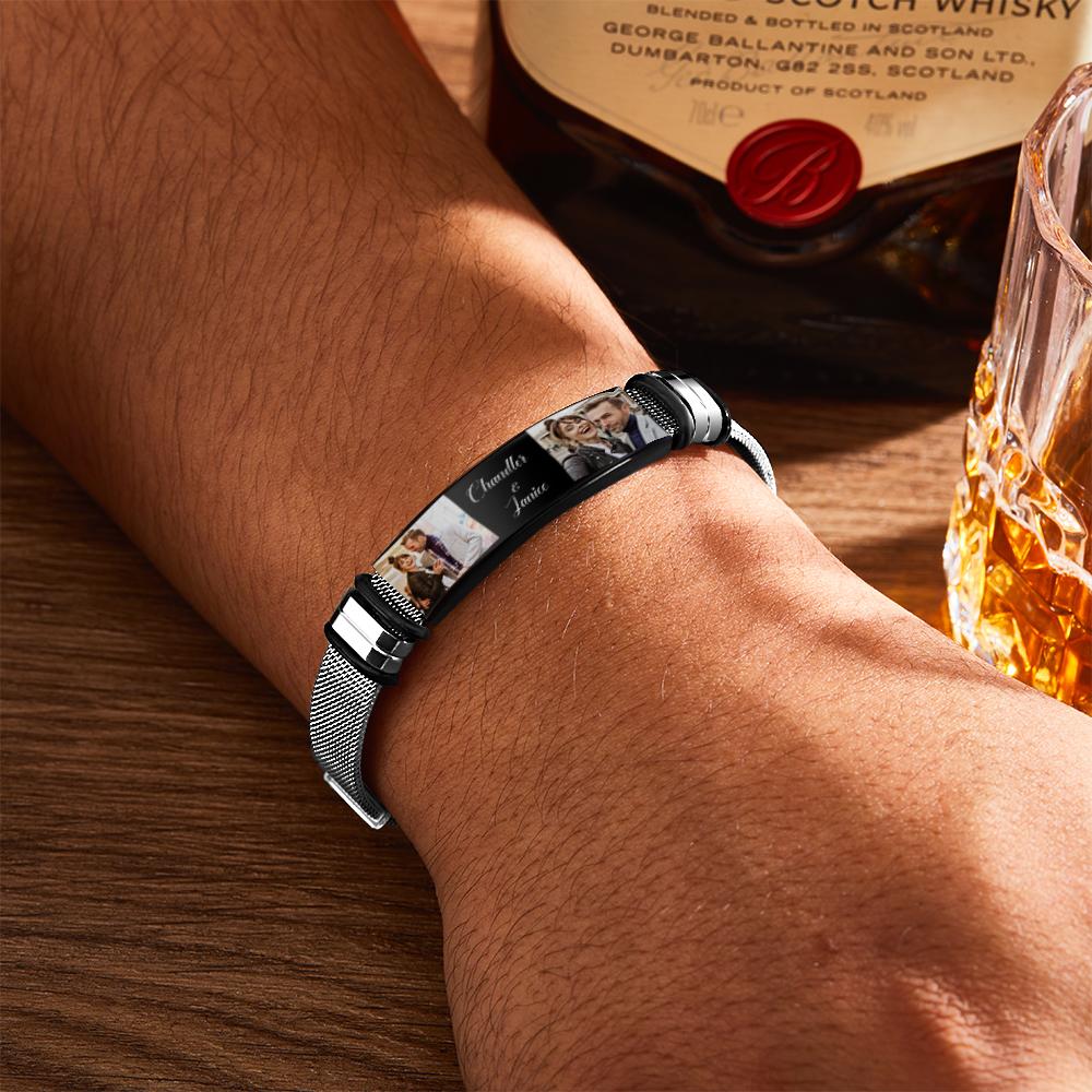 Custom Stainless Steel Mens Bracelet With Two Photo And Engraved Words Best Gifts For Lovers On Valentine's Day