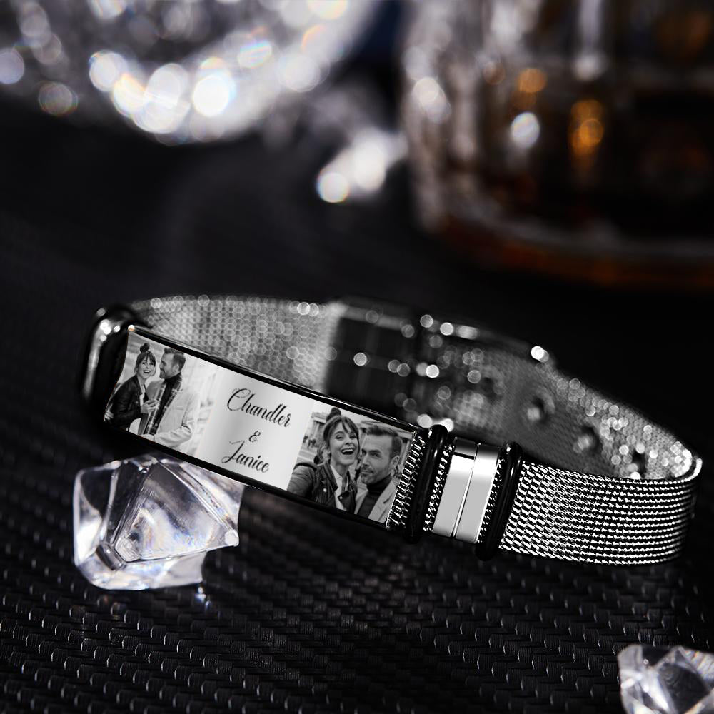 Custom Stainless Steel Mens Bracelet With Two Photo And Engraved Words Best Gifts For Lovers On Valentine's Day
