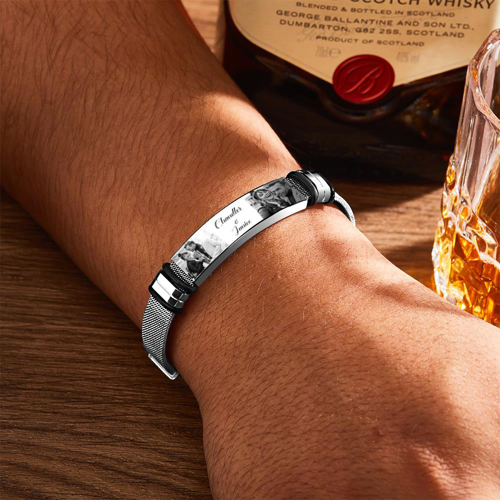 Custom Stainless Steel Mens Bracelet With Two Photo And Engraved Words Best Gifts For Lovers On Valentine's Day